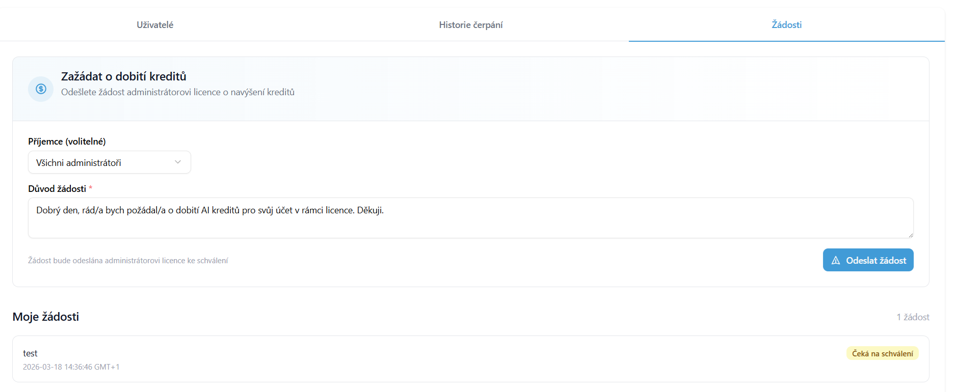 Žádosti — pohled uživatele